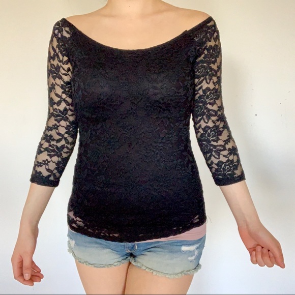 π Forever 21 Black Lace 3/4 Sleeve Top size S NWT - Picture 2 of 8